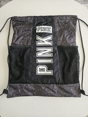 Victoria’s Secret PINK Drawstring Gym Backpack in Black and Heathered Gray